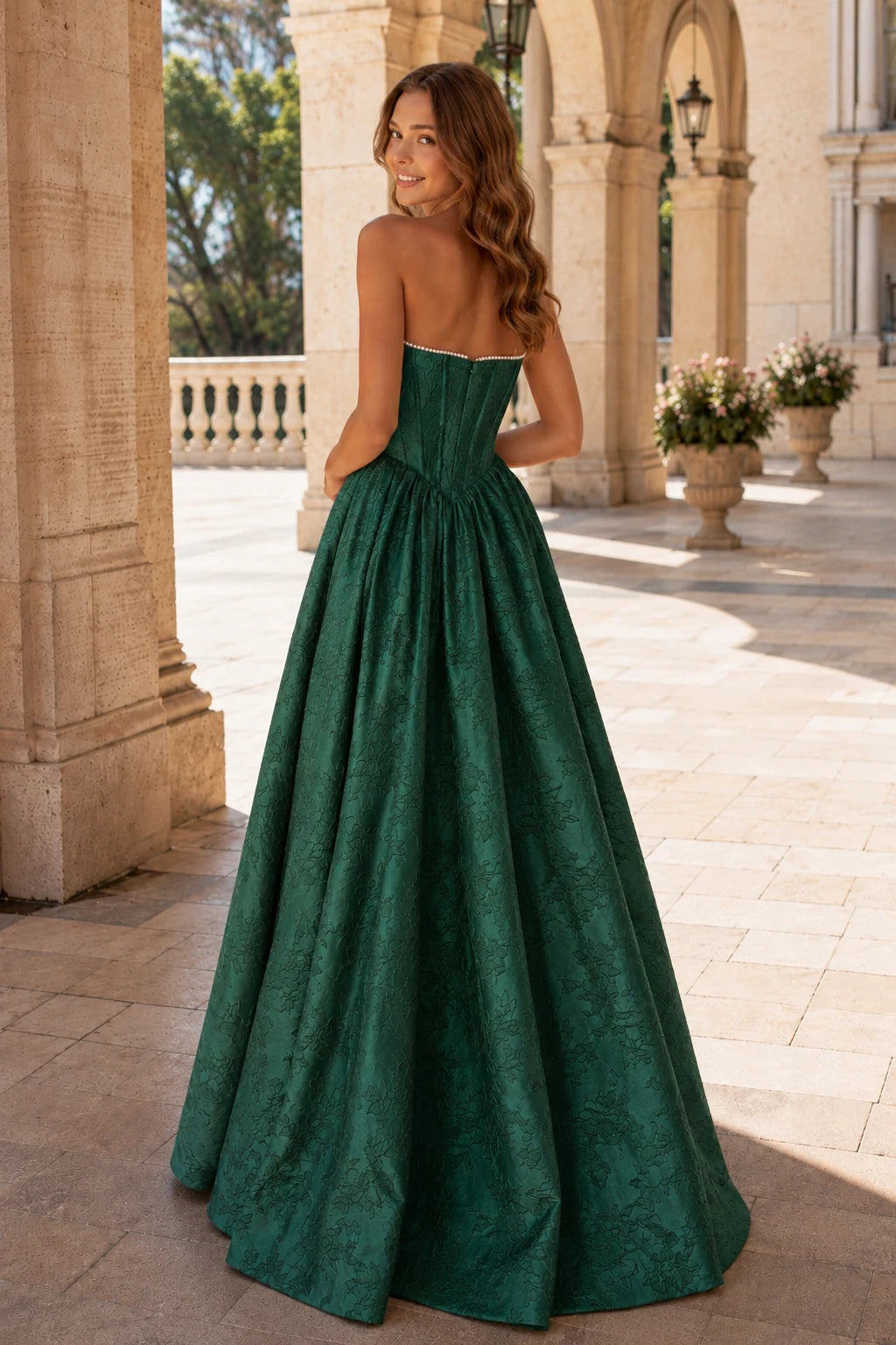 Sabine Corset Satin A-Line Prom Dress with Slit in Emerald Green prom gown, back view