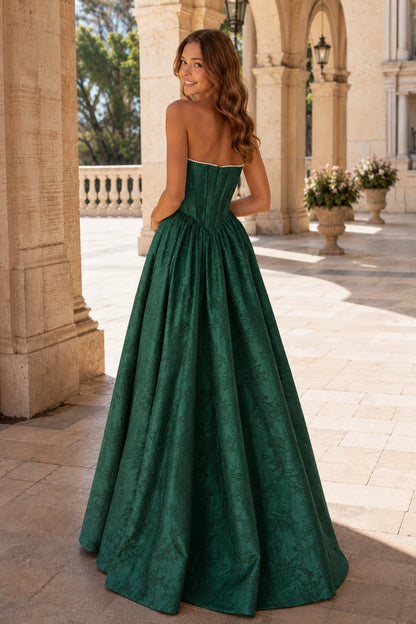 Sabine Corset Satin A-Line Prom Dress with Slit in Emerald Green prom gown, back view