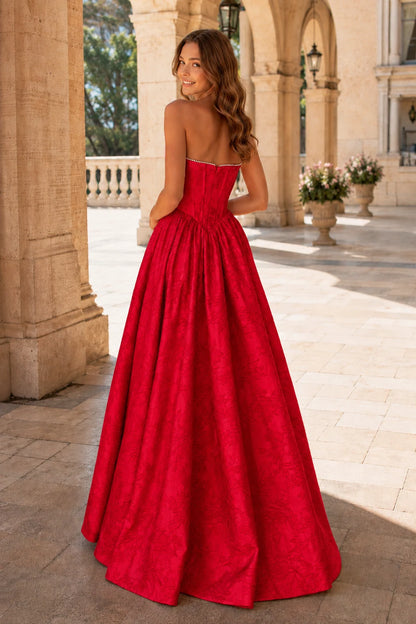 Sabine Corset Satin A-Line Prom Dress with Slit in Metallic Silver prom gown, back view