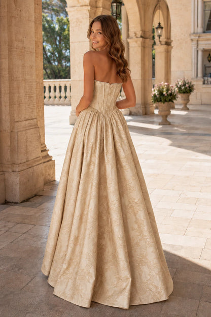 Sabine Corset Satin A-Line Prom Dress with Slit in Midnight Navy prom gown, back view