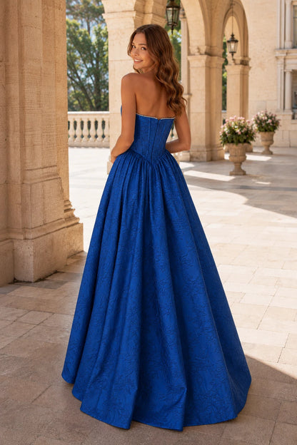 Sabine Corset Satin A-Line Prom Dress with Slit in Royal Blue prom gown, back view