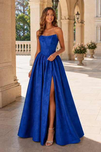 Sabine Corset Satin A-Line Prom Dress with Slit in Royal Blue prom gown, front view