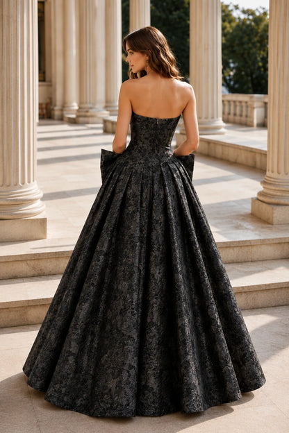 Marcella Bow Corset Ball Gown Prom Dress in Black Floral, back view