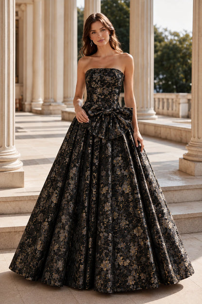 Marcella Bow Corset Ball Gown Prom Dress in Black Floral, front view