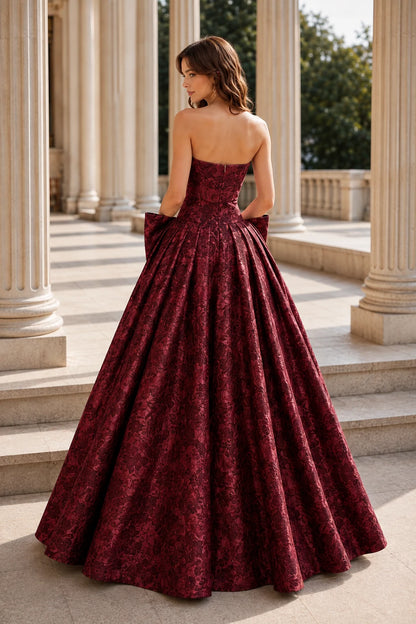 Marcella Bow Corset Ball Gown Prom Dress in Burgundy Floral, back view