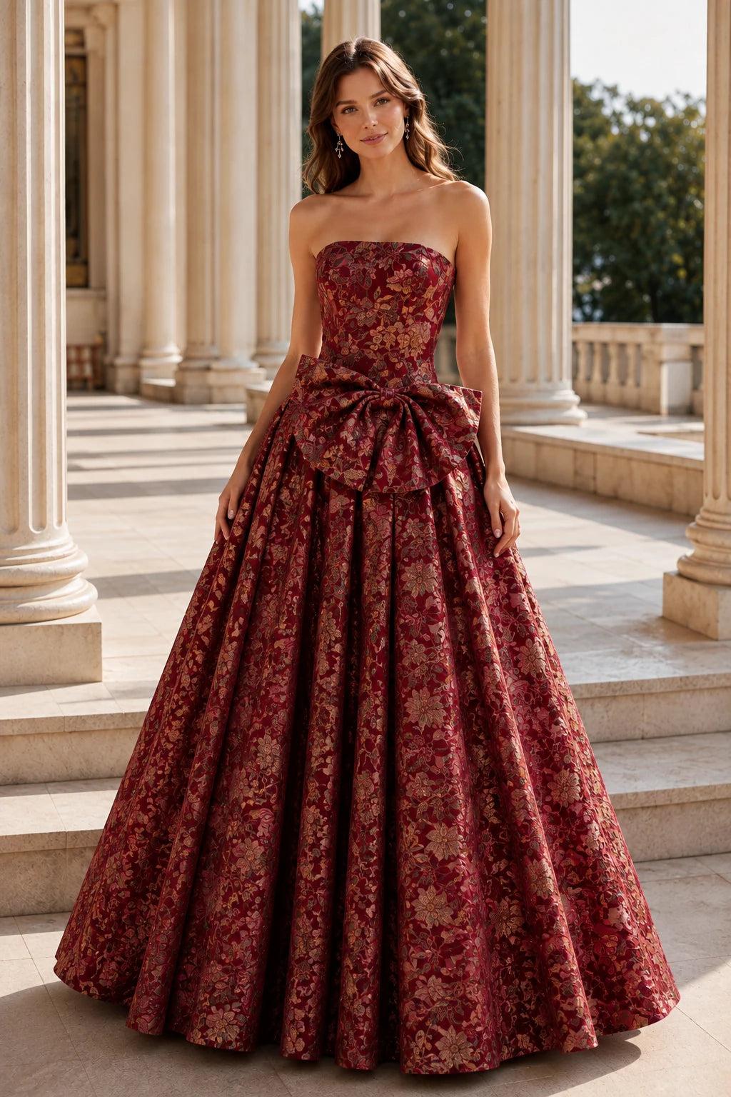 Marcella Bow Corset Ball Gown Prom Dress in Burgundy Floral, front view