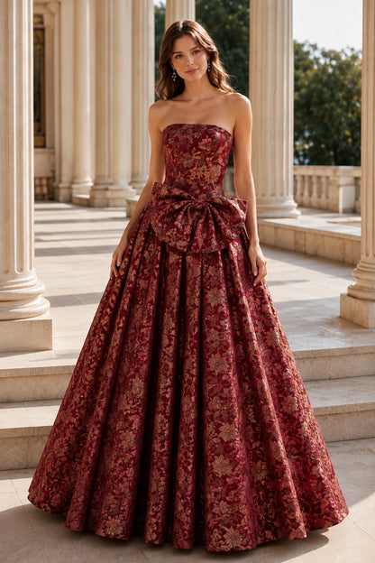 Marcella Bow Corset Ball Gown Prom Dress in Burgundy Floral, front view