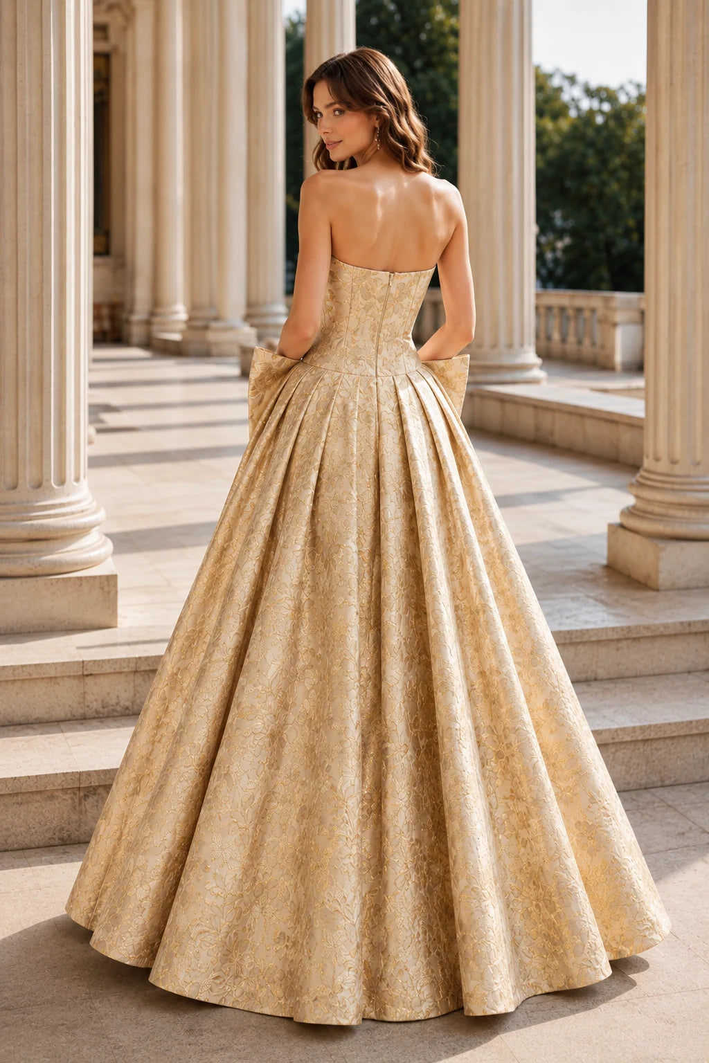 Marcella Bow Corset Ball Gown Prom Dress in Champagne Gold Floral, back view