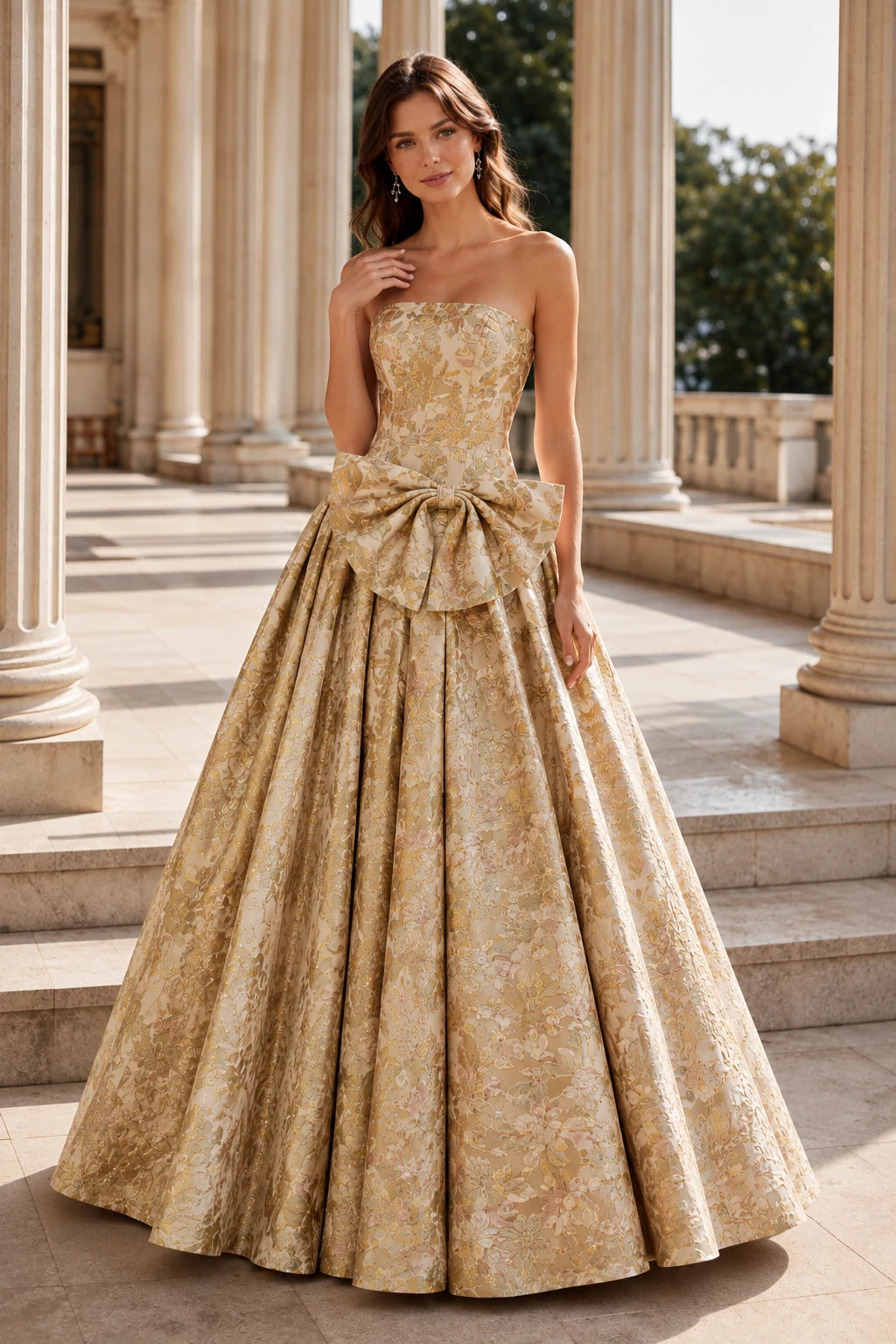 Marcella Bow Corset Ball Gown Prom Dress in Champagne Gold Floral, front view