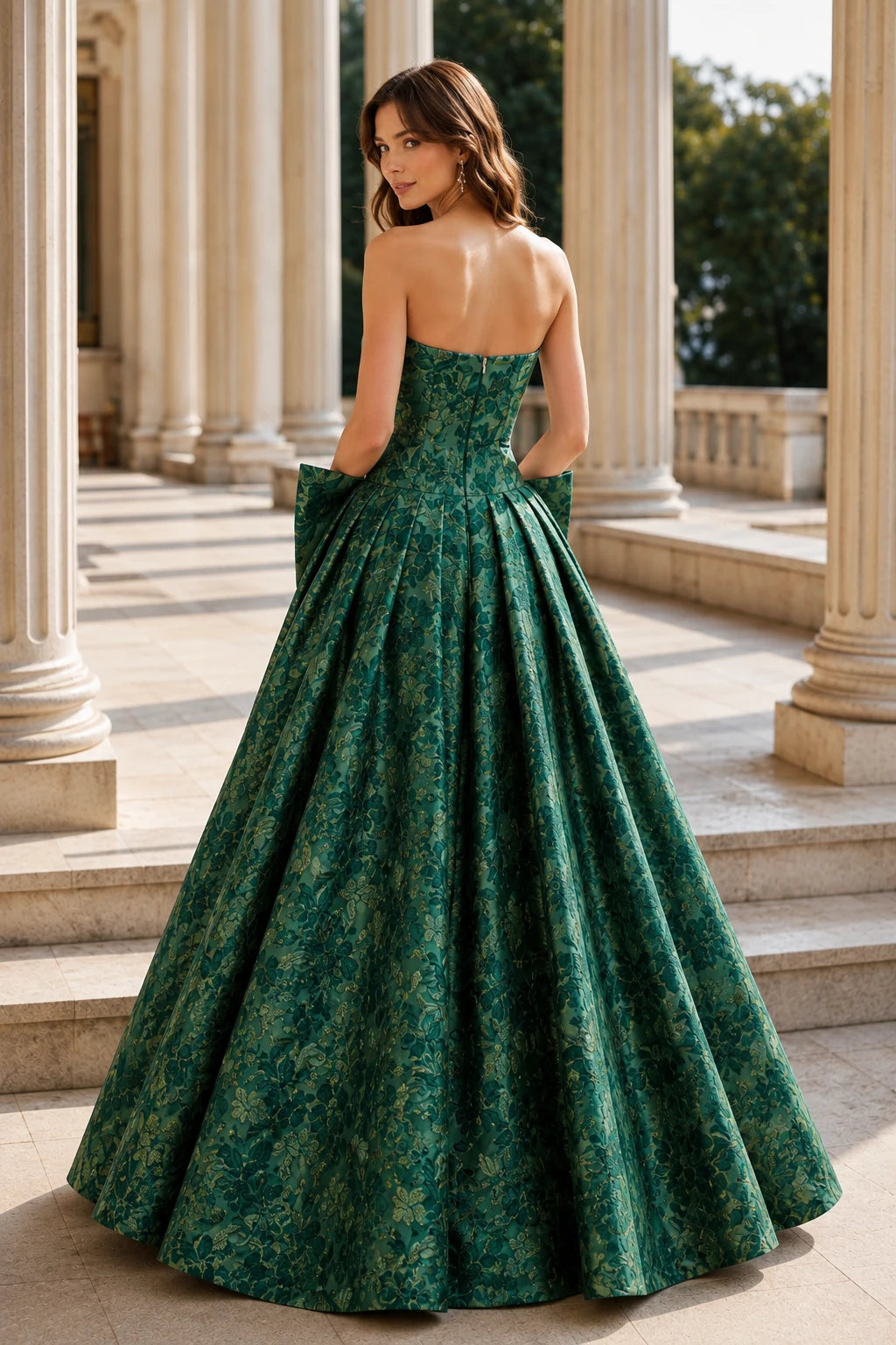Marcella Bow Corset Ball Gown Prom Dress in Emerald Green Floral, back view