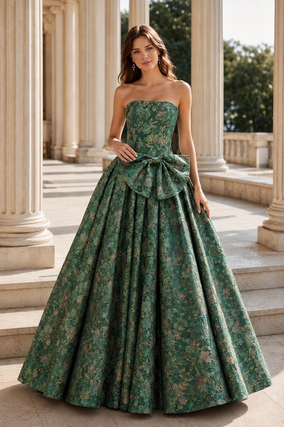 Marcella Bow Corset Ball Gown Prom Dress in Emerald Green Floral, front view