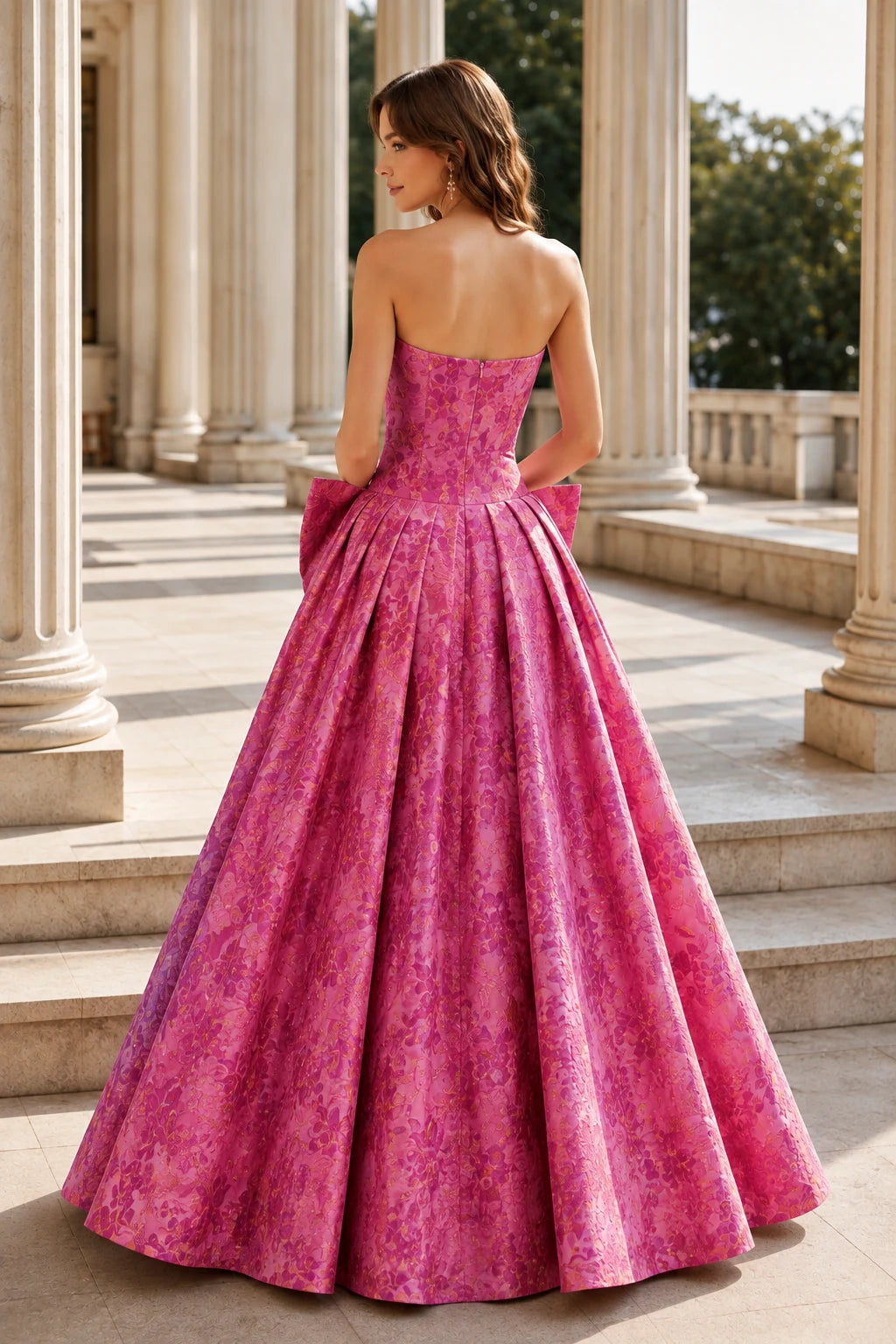 Marcella Bow Corset Ball Gown Prom Dress in Hot Pink Floral, back view