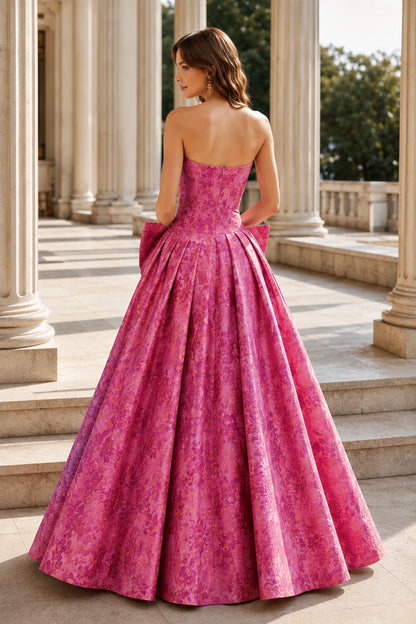Marcella Bow Corset Ball Gown Prom Dress in Hot Pink Floral, back view