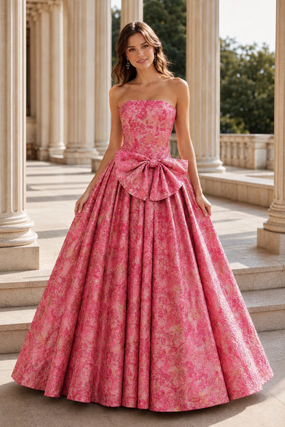 Marcella Bow Corset Ball Gown Prom Dress in Hot Pink Floral, front view