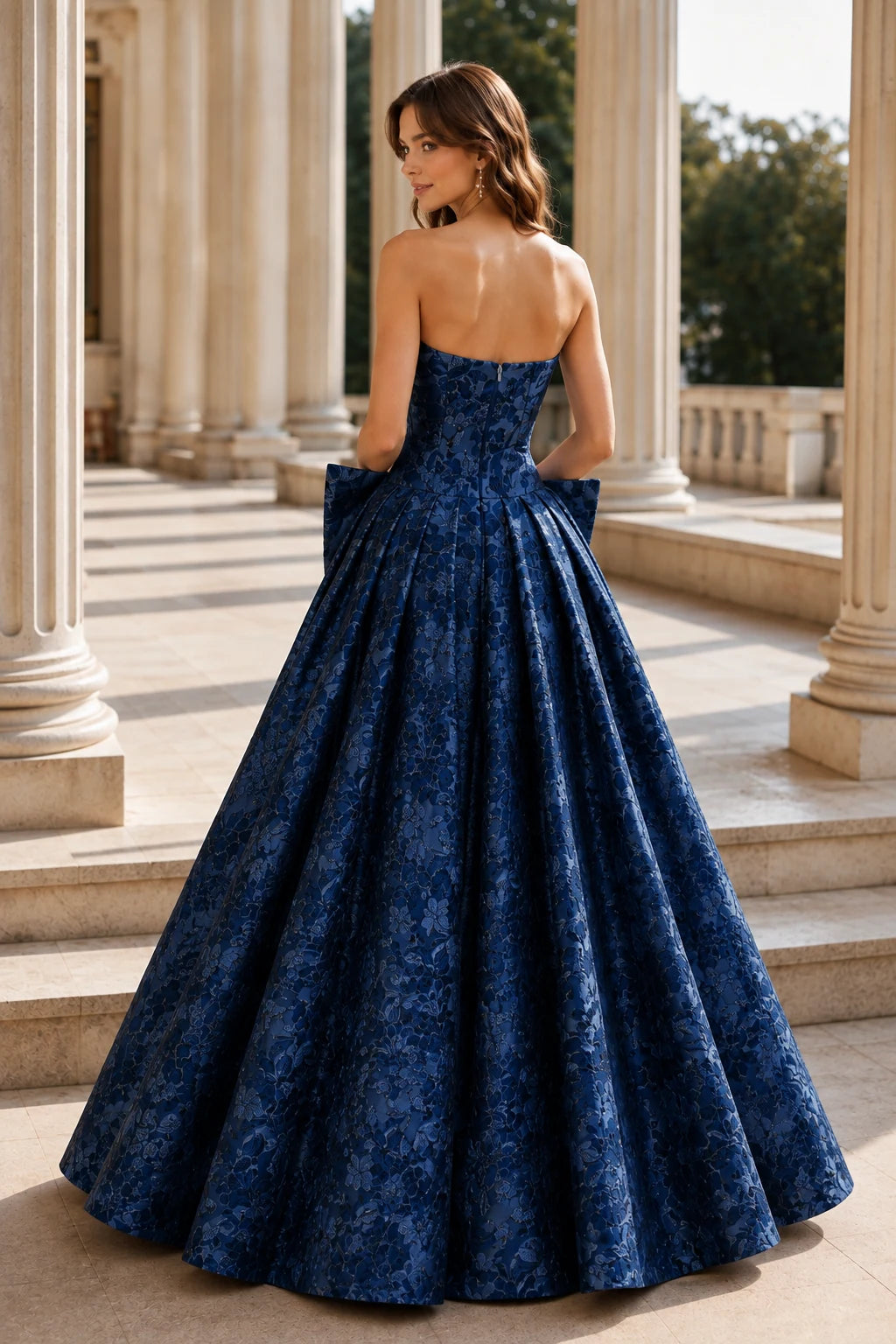 Marcella Bow Corset Ball Gown Prom Dress in Midnight Navy Floral, back view