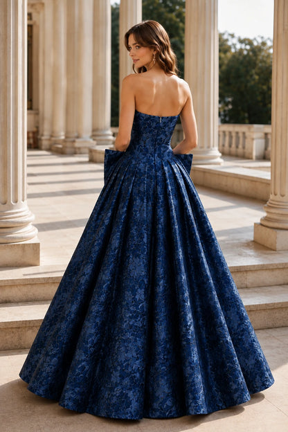 Marcella Bow Corset Ball Gown Prom Dress in Midnight Navy Floral, back view