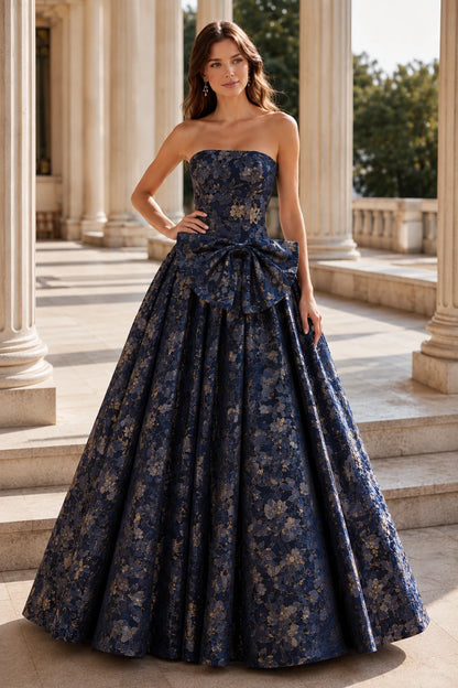 Marcella Bow Corset Ball Gown Prom Dress in Midnight Navy Floral, front view