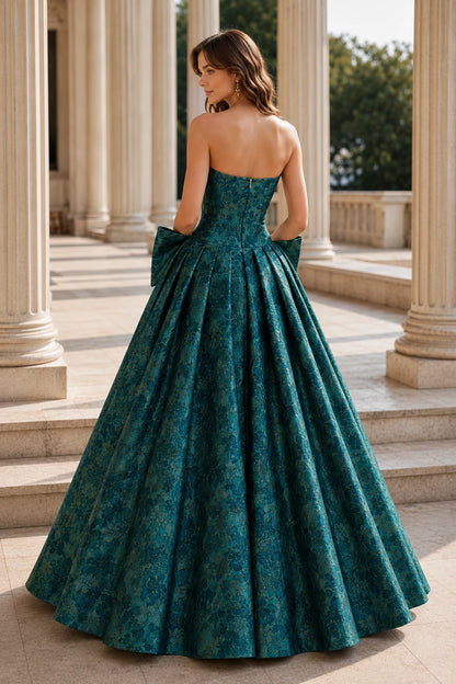 Marcella Bow Corset Ball Gown Prom Dress in Peacock Teal Floral, back view