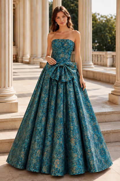 Marcella Bow Corset Ball Gown Prom Dress in Peacock Teal Floral, front view