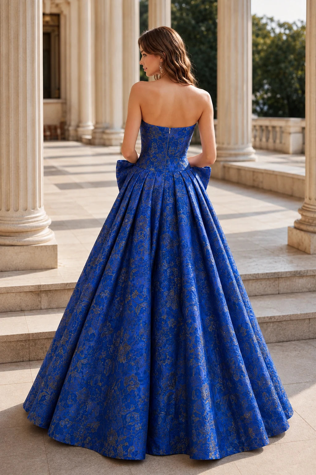 Marcella Bow Corset Ball Gown Prom Dress in Royal Blue Floral, back view