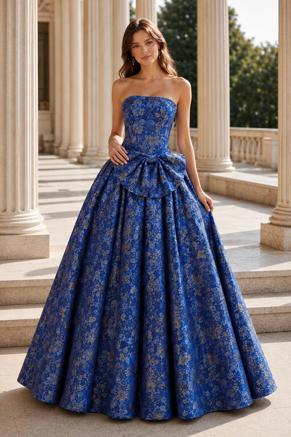 Marcella Bow Corset Ball Gown Prom Dress in Royal Blue Floral, front view