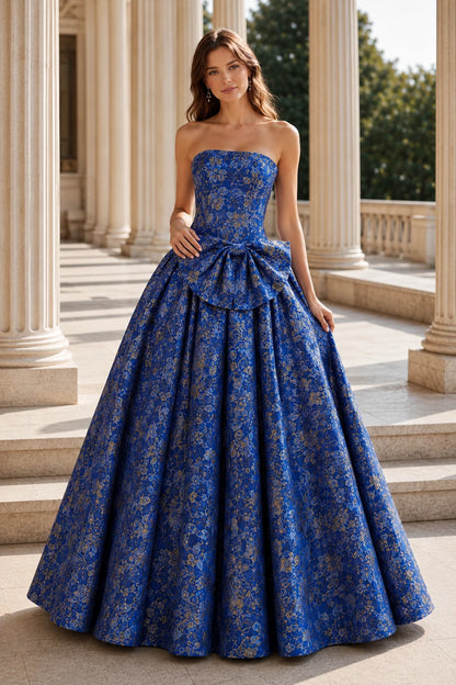 Marcella Bow Corset Ball Gown Prom Dress in Royal Blue Floral, front view