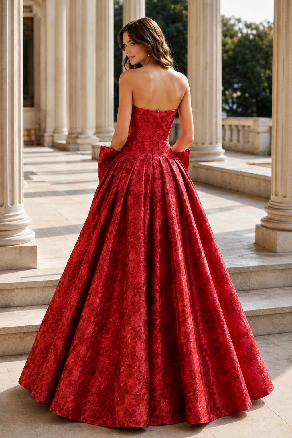Marcella Bow Corset Ball Gown Prom Dress in True Red Floral, back view