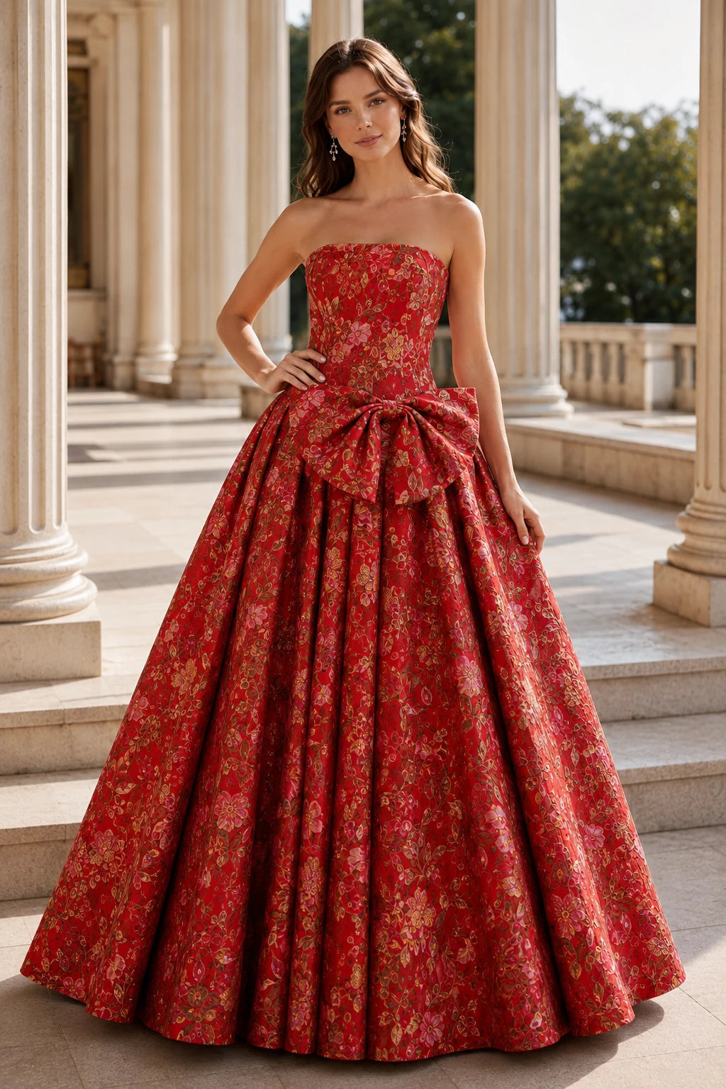 Marcella Bow Corset Ball Gown Prom Dress in True Red Floral, front view