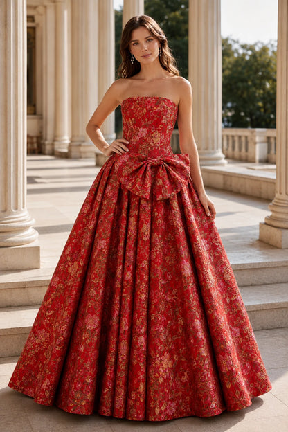 Marcella Bow Corset Ball Gown Prom Dress in True Red Floral, front view