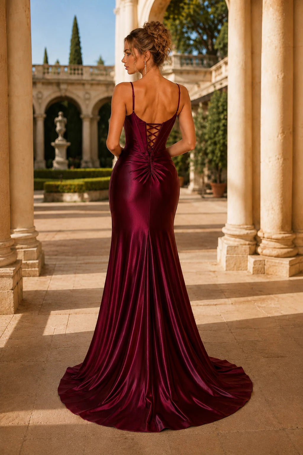 Lucienne Off-the-Shoulder Ruched Mermaid Prom Dress with Slit in Burgundy, back view