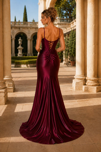 Lucienne Off-the-Shoulder Ruched Mermaid Prom Dress with Slit in Burgundy, back view
