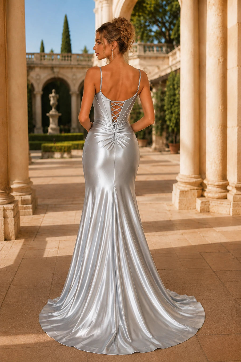 Lucienne Off-the-Shoulder Ruched Mermaid Prom Dress with Slit in Metallic Silver, back view