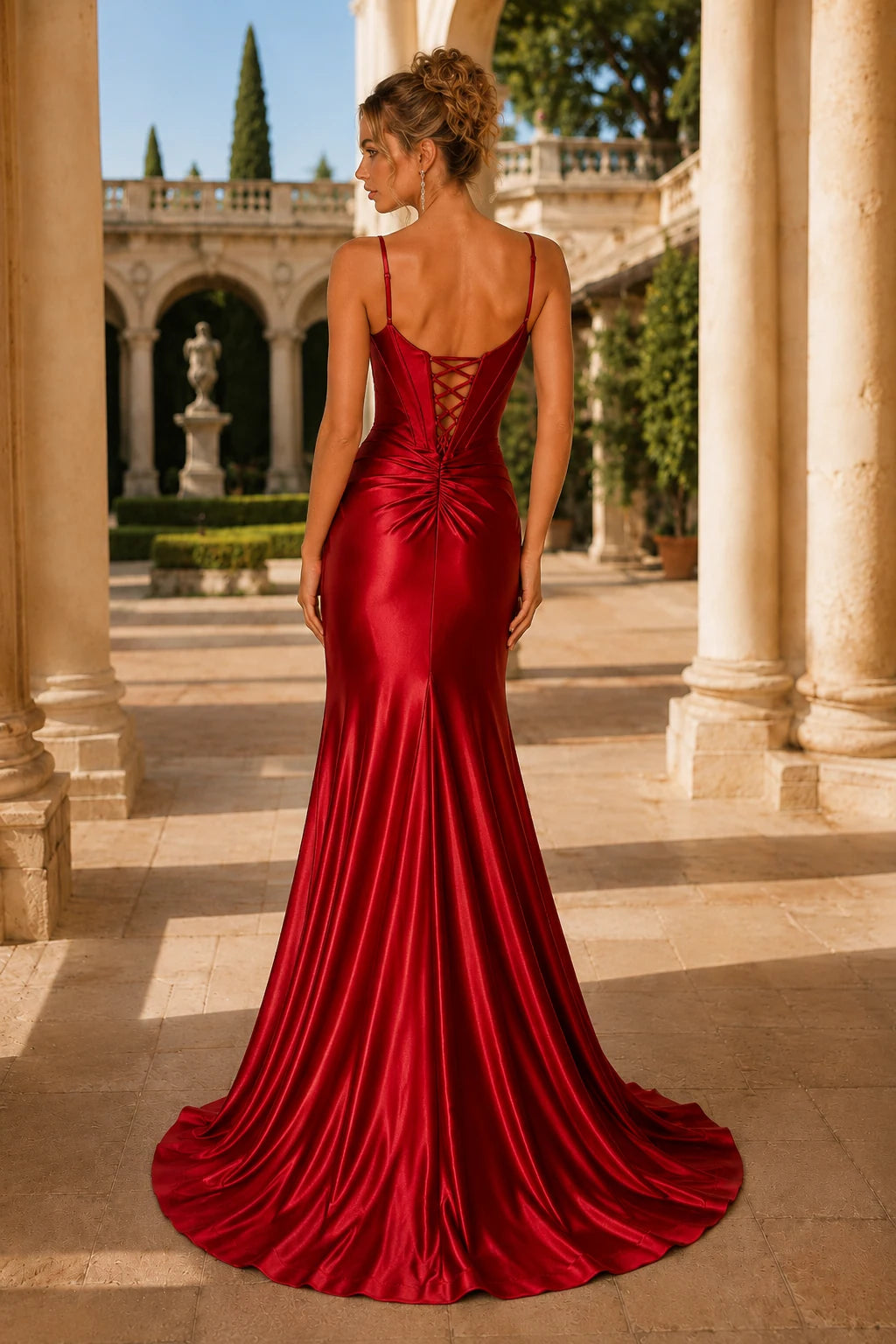 Lucienne Off-the-Shoulder Ruched Mermaid Prom Dress with Slit in True Red, back view