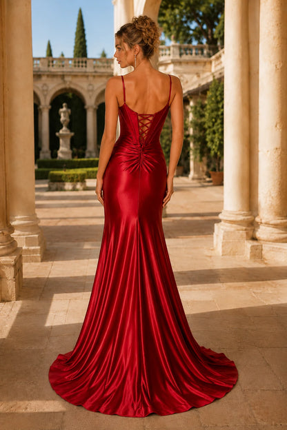 Lucienne Off-the-Shoulder Ruched Mermaid Prom Dress with Slit in True Red, back view