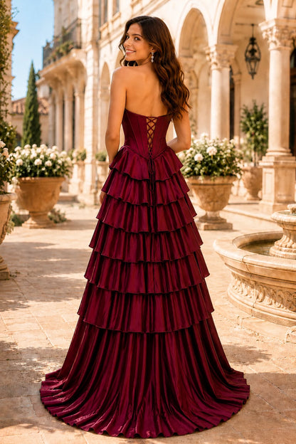 Clarisse Strapless Tiered Ruffle Prom Dress with Slit in Burgundy, back view