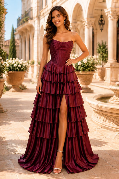 Clarisse Strapless Tiered Ruffle Prom Dress with Slit in Burgundy, front view