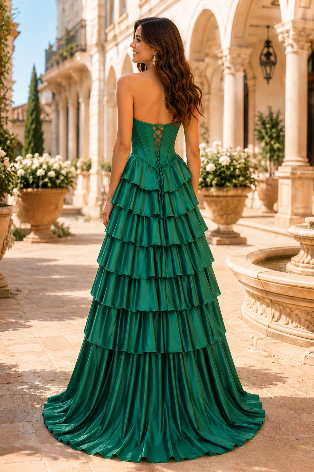 Clarisse Strapless Tiered Ruffle Prom Dress with Slit in Emerald Green, back view