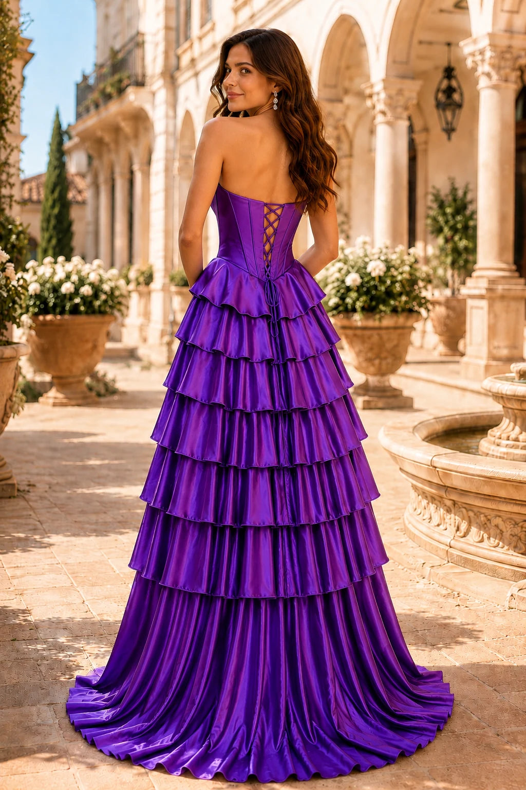 Clarisse Strapless Tiered Ruffle Prom Dress with Slit in Gemstone Purple, back view