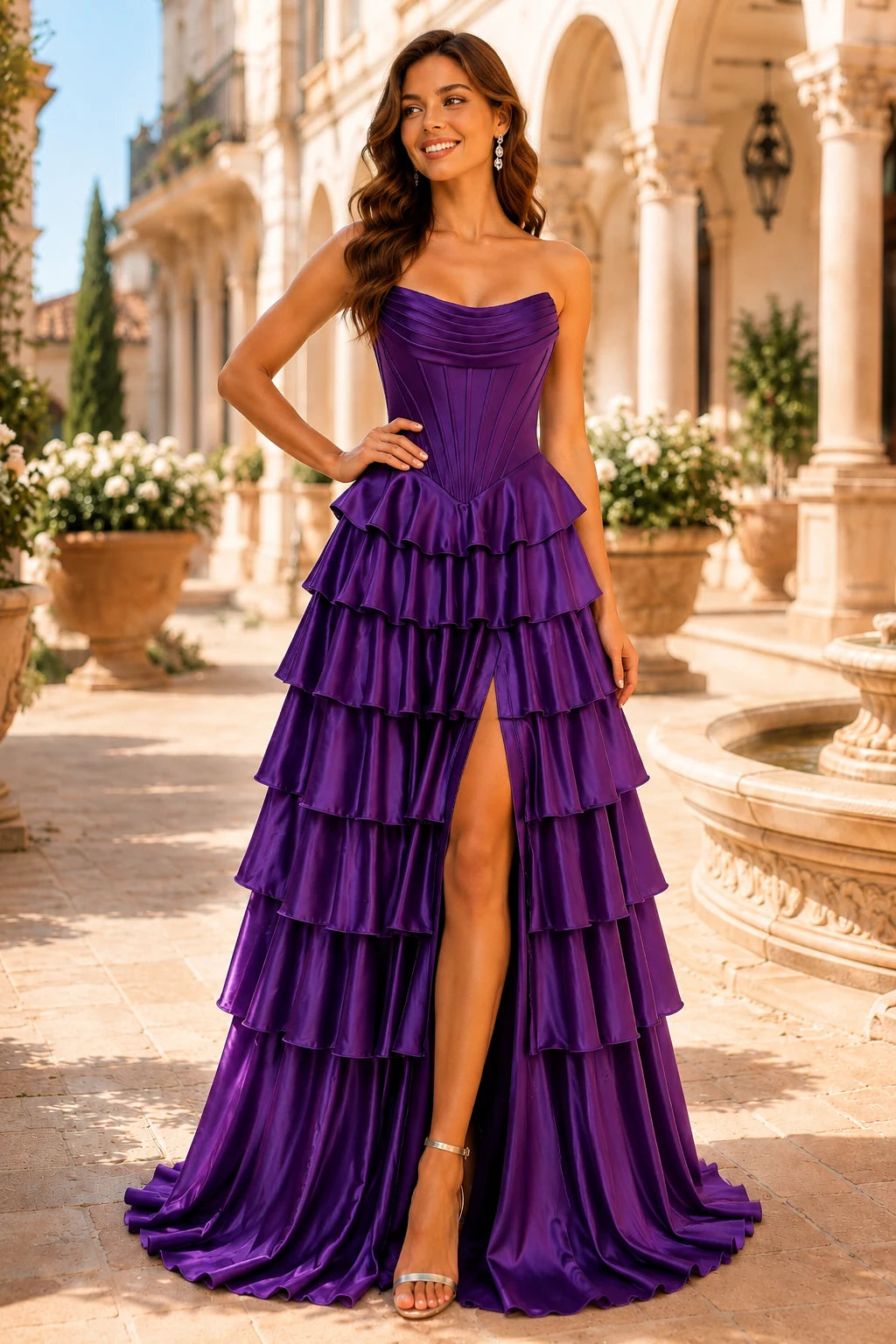 Clarisse Strapless Tiered Ruffle Prom Dress with Slit in Gemstone Purple, front view