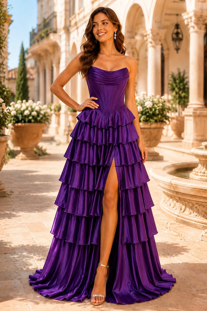Clarisse Strapless Tiered Ruffle Prom Dress with Slit in Gemstone Purple, front view