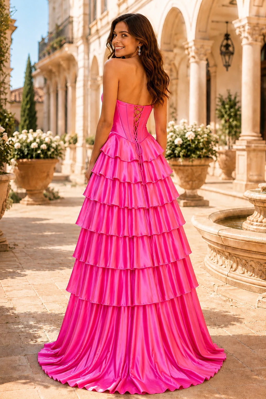 Clarisse Strapless Tiered Ruffle Prom Dress with Slit in Hot Pink, back view