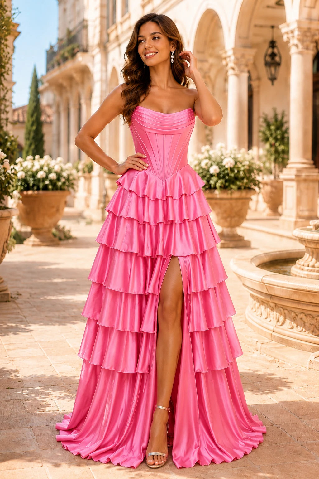 Clarisse Strapless Tiered Ruffle Prom Dress with Slit in Hot Pink, front view