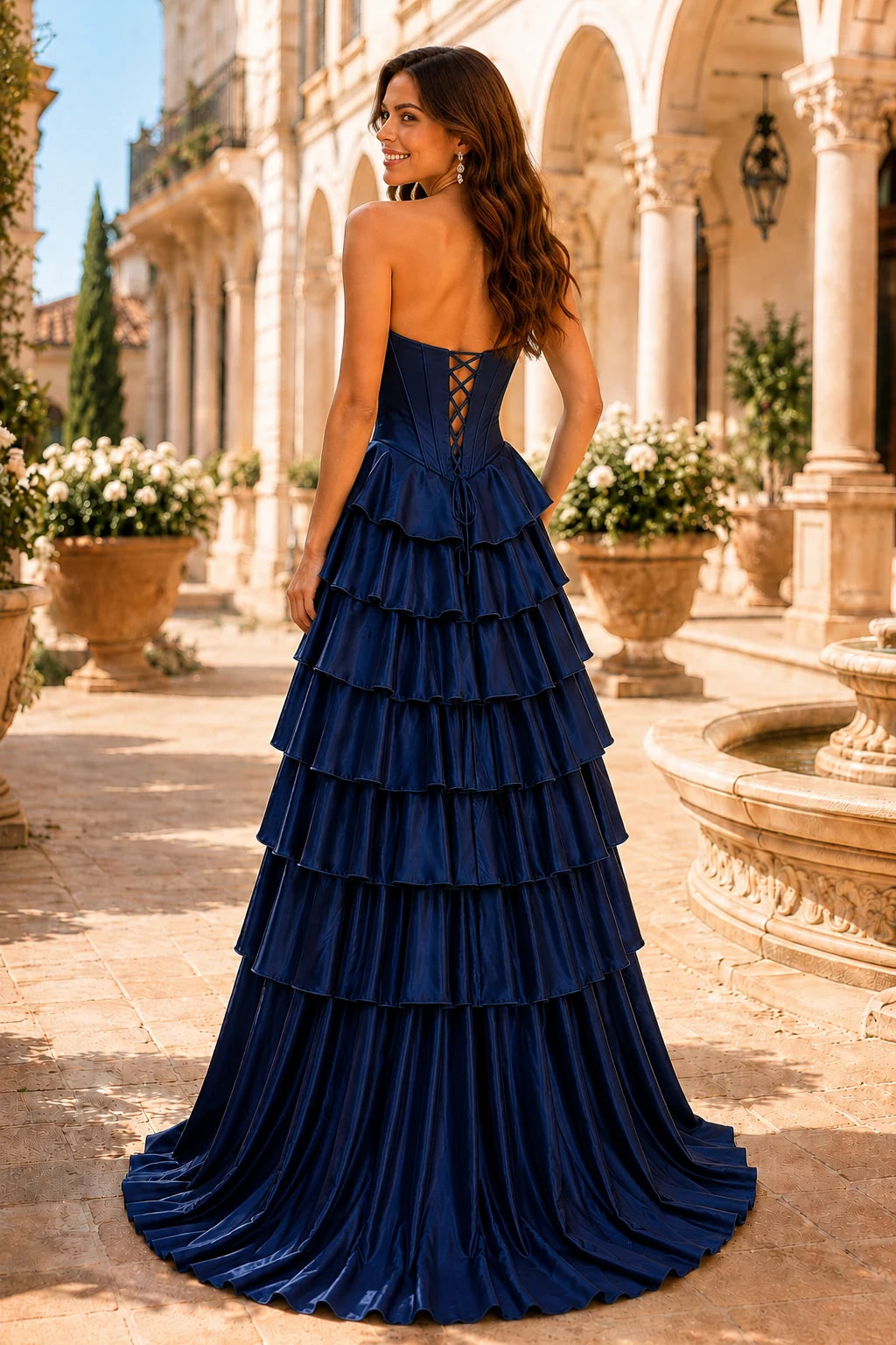 Clarisse Strapless Tiered Ruffle Prom Dress with Slit in Midnight Navy, back view