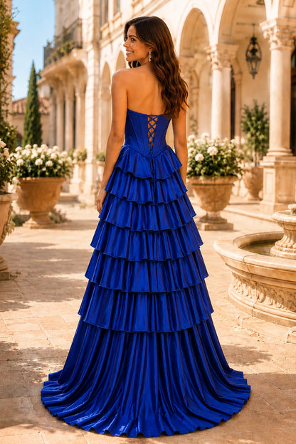 Clarisse Strapless Tiered Ruffle Prom Dress with Slit in Royal Blue, back view