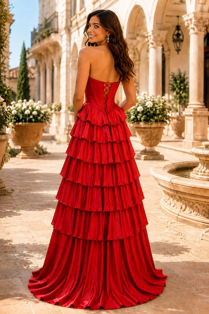 Clarisse Strapless Tiered Ruffle Prom Dress with Slit in True Red, back view