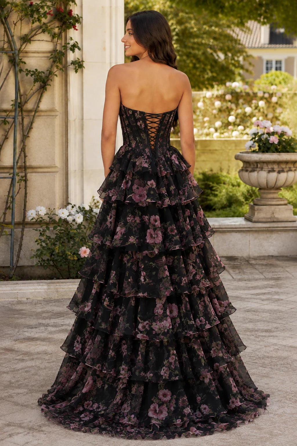 Maelle Strapless Tiered Ruffle Ball Gown Prom Dress in Black Floral, back view