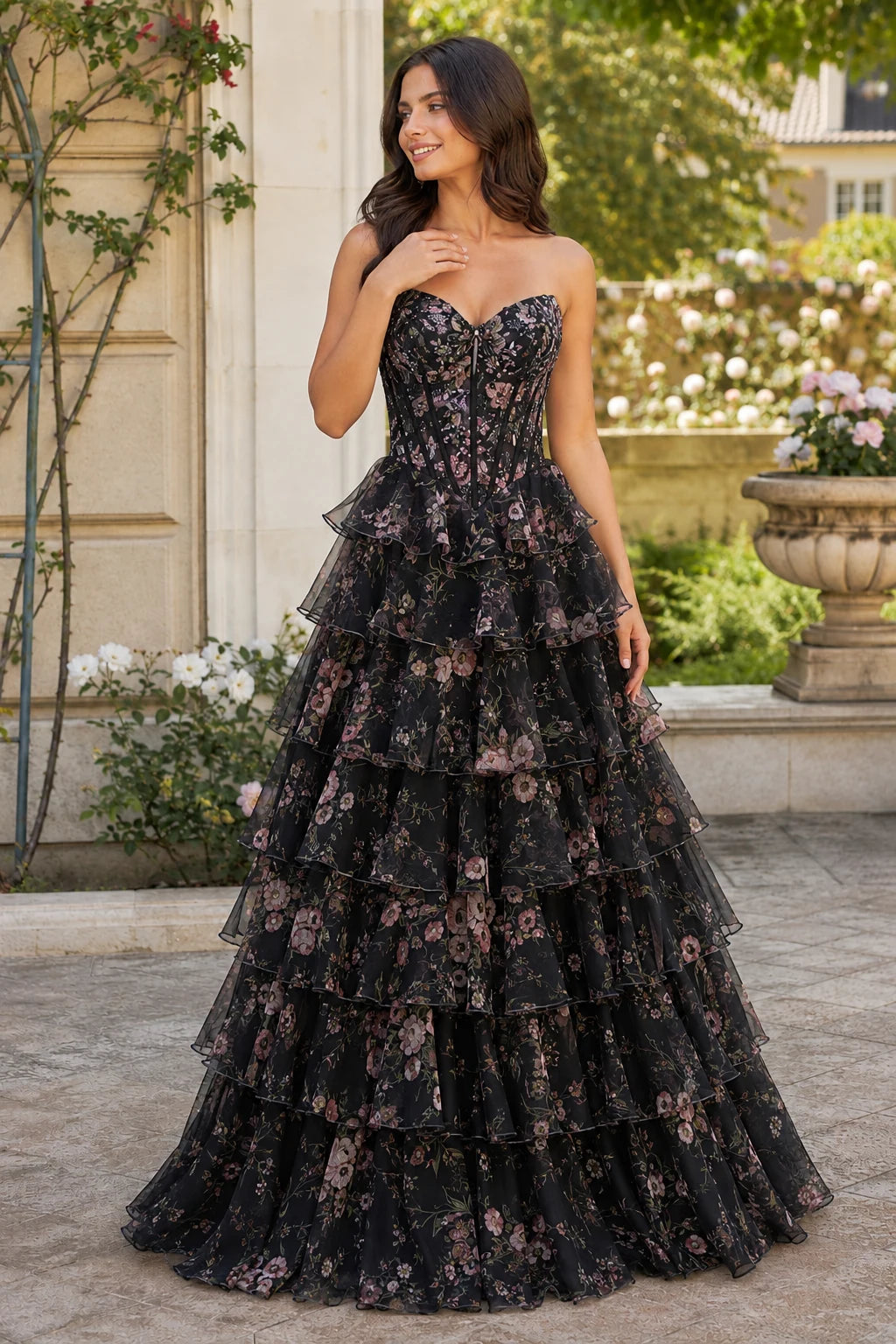 Maelle Strapless Tiered Ruffle Ball Gown Prom Dress in Black Floral, front view