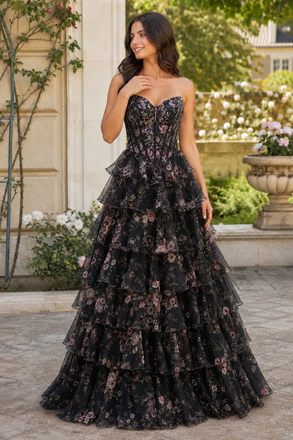 Maelle Strapless Tiered Ruffle Ball Gown Prom Dress in Black Floral, front view