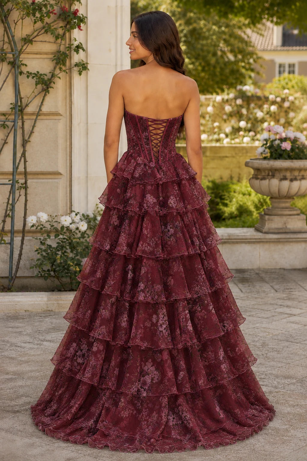 Maelle Strapless Tiered Ruffle Ball Gown Prom Dress in Burgundy Floral, back view