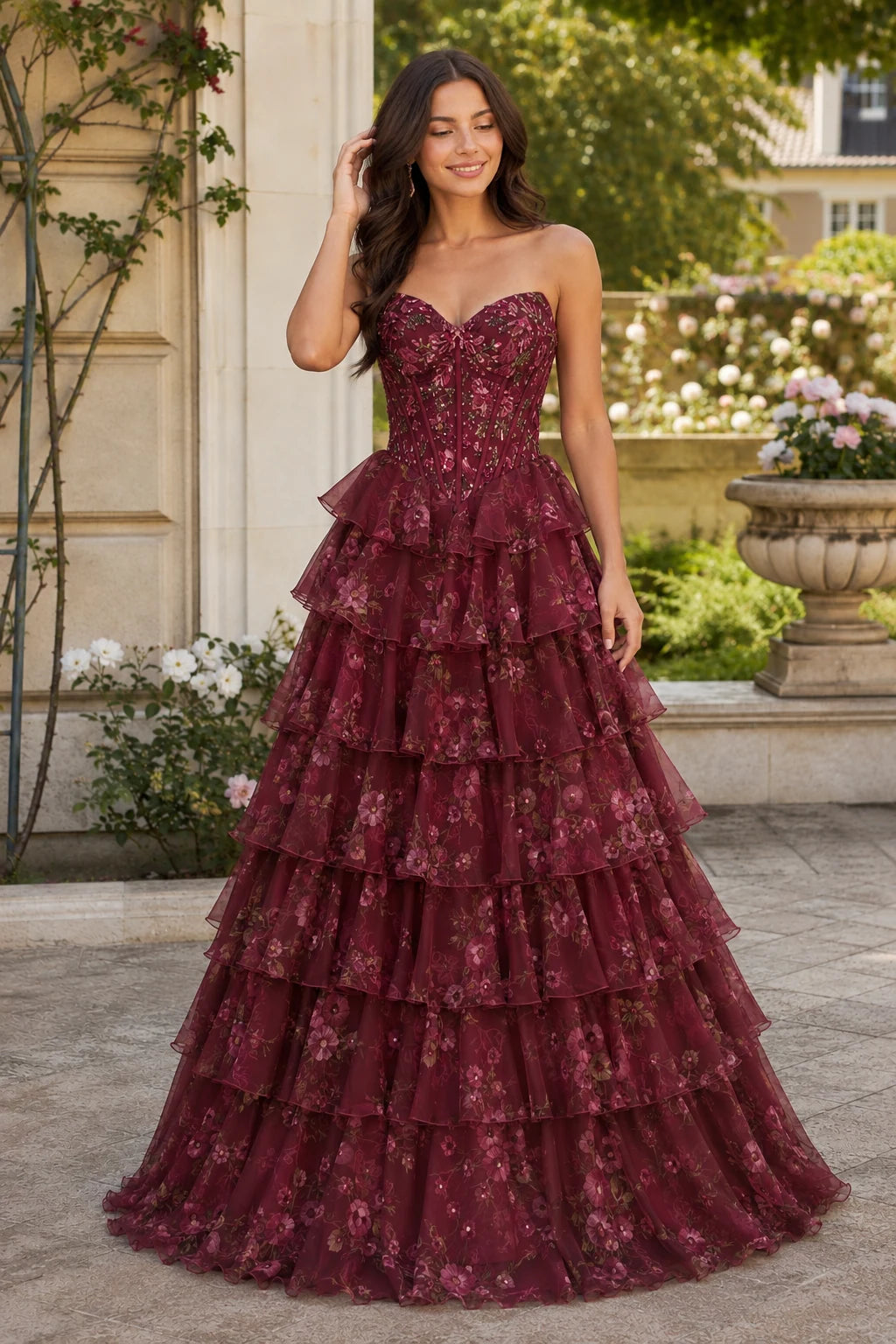 Maelle Strapless Tiered Ruffle Ball Gown Prom Dress in Burgundy Floral, front view